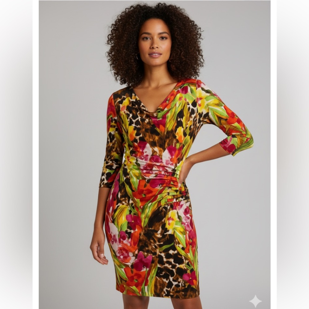 NEW! ECI Colorful Floral and Animal Print Faux Wrap Midi Dress NWT - Size L - Picture 15 of 15
